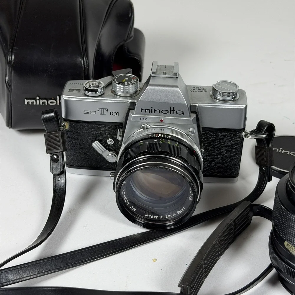 Vintage Minolta SR-T 101 35mm SLR Camera Lot w/ Lenses & Flash - Storage F-15